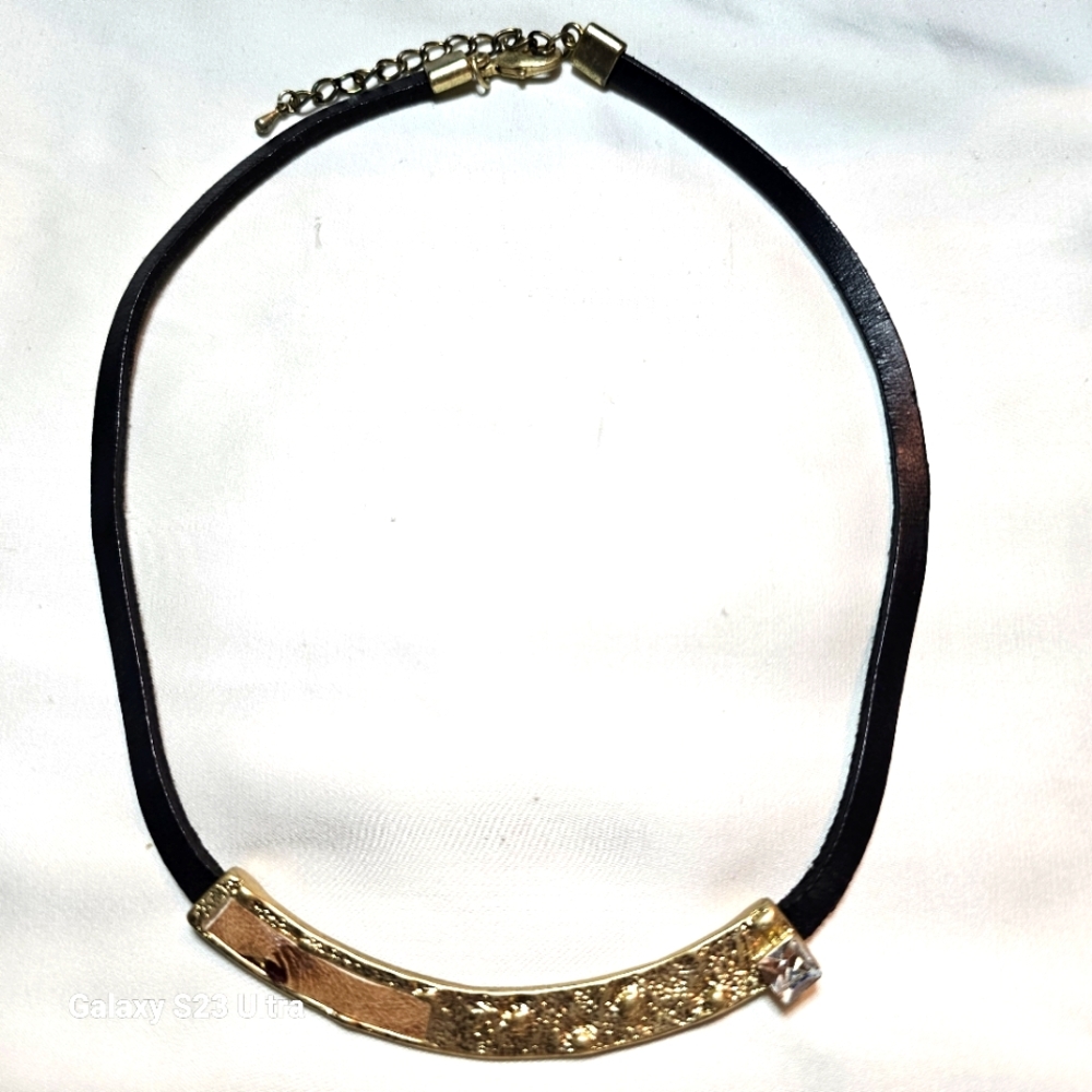 Black Leather and Gold Choker Necklace